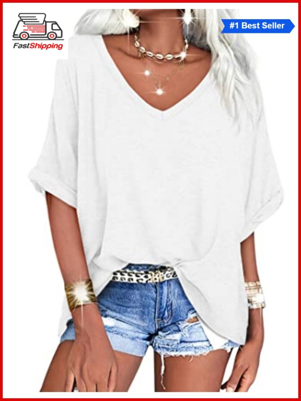 Womens Oversized V Neck Short Sleeve Summer T Shirt Casual Basic Tee